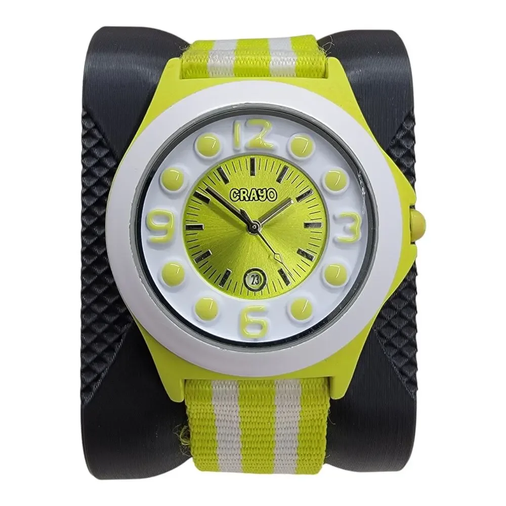 Crayo Carnival Watch Lime Green White Striped Nylon Strap Date Sunray Dial